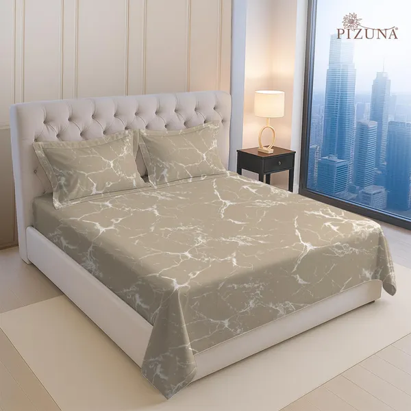 Pizuna_100%_Cotton_Marble_Print_Taupe_Super_King_Flat_Bedsheet_Set
