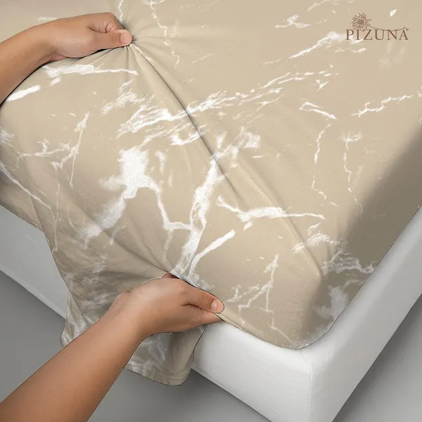 Pizuna_100%_Cotton_Marble_Print_Taupe_Super_King_Flat_Bedsheet_Set
