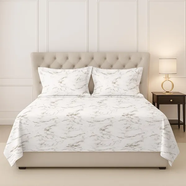 Pizuna_100%_Long_Staple_Cotton_Marble_Printed_Super_King_Flat_Bedsheet_Set_Taupe