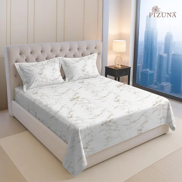 Pizuna_100%_Long_Staple_Cotton_Marble_Printed_Super_King_Flat_Bedsheet_Set_Taupe