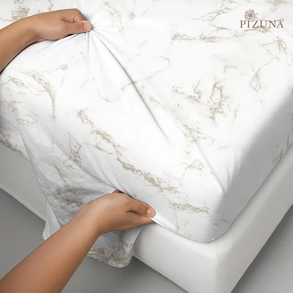 Pizuna_100%_Long_Staple_Cotton_Marble_Printed_Super_King_Flat_Bedsheet_Set_Taupe