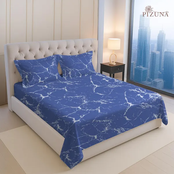 Pizuna_Cotton_Marble_Print_Marble_Blue_Super_King_Flat_Bedsheet_Set