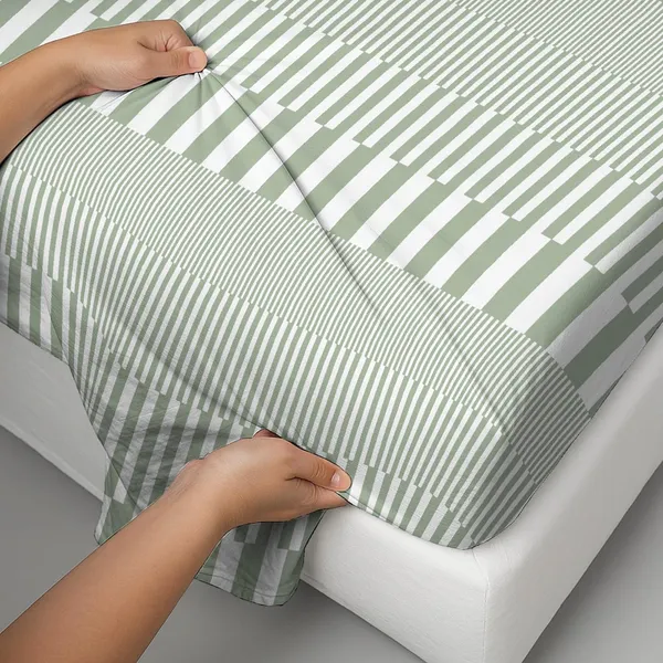 Pizuna_100%_Long_Staple_Cotton_Stripe_Printed_Super_King_Flat_Bedsheet_Set_Green
