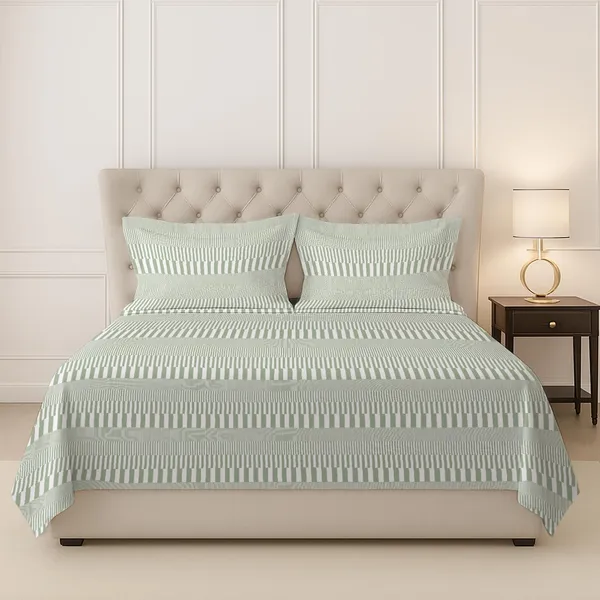 Pizuna_100%_Long_Staple_Cotton_Stripe_Printed_Super_King_Flat_Bedsheet_Set_Green