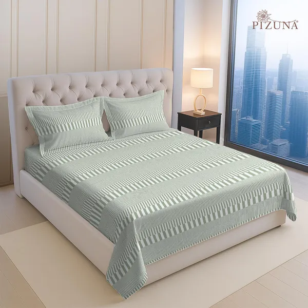 Pizuna_100%_Long_Staple_Cotton_Stripe_Printed_Super_King_Flat_Bedsheet_Set_Green