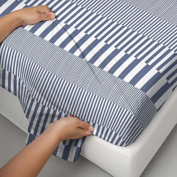 Pizuna_100%_Cotton_Cascade_Stripe_Blue_Super_King_Flat_Bedsheet_Set