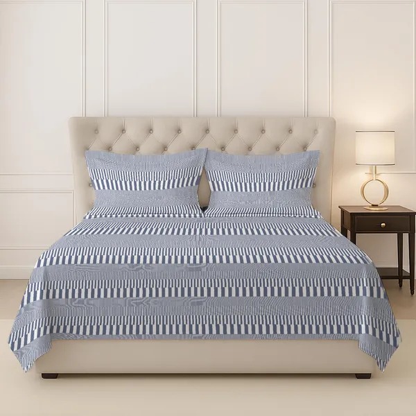 Pizuna_100%_Cotton_Cascade_Stripe_Blue_Super_King_Flat_Bedsheet_Set