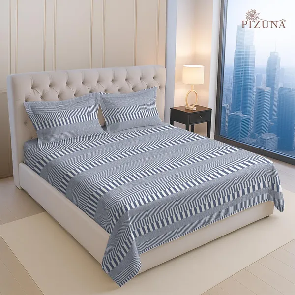 Pizuna_100%_Cotton_Cascade_Stripe_Blue_Super_King_Flat_Bedsheet_Set