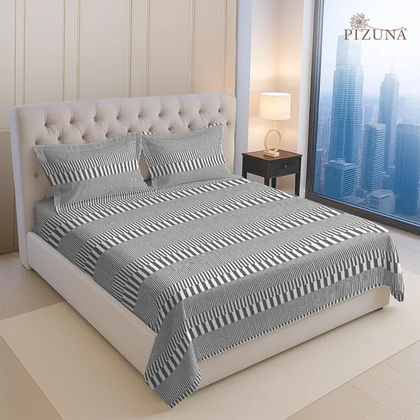 Pizuna_100%_Long_Staple_Cotton_Stripe_Printed_Super_King_Flat_Bedsheet_Set_Grey