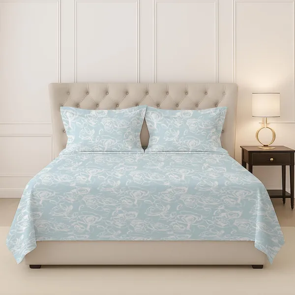Pizuna_100%_Long_Staple_Cotton_Floral_Printed_Super_King_Flat_Bedsheet_Set_Blue