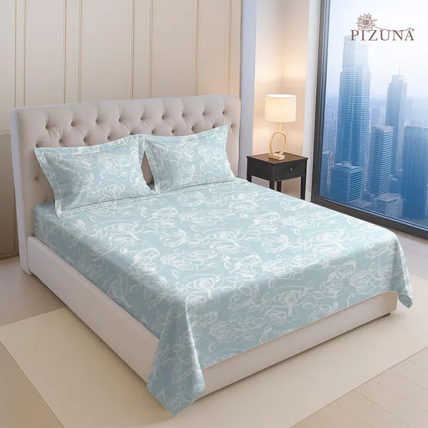 Pizuna_100%_Long_Staple_Cotton_Floral_Printed_Super_King_Flat_Bedsheet_Set_Blue
