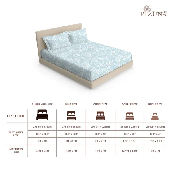Pizuna_100%_Long_Staple_Cotton_Floral_Printed_Super_King_Flat_Bedsheet_Set_Blue