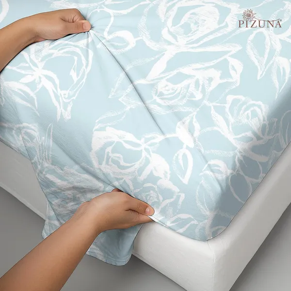 Pizuna_100%_Long_Staple_Cotton_Floral_Printed_Super_King_Flat_Bedsheet_Set_Blue