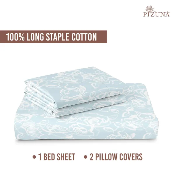 Pizuna_100%_Long_Staple_Cotton_Floral_Printed_Super_King_Flat_Bedsheet_Set_Blue