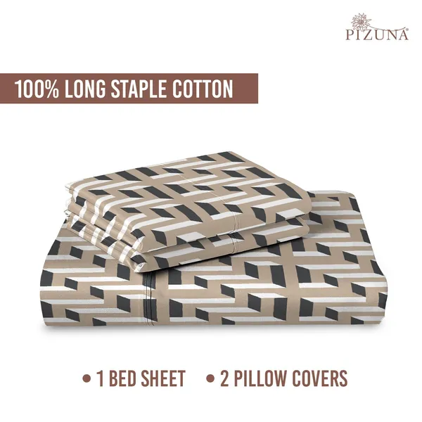 Pizuna_100%_Long_Staple_Cotton_Mosaic_Printed_Beige_Super_King_Flat_Bedsheet