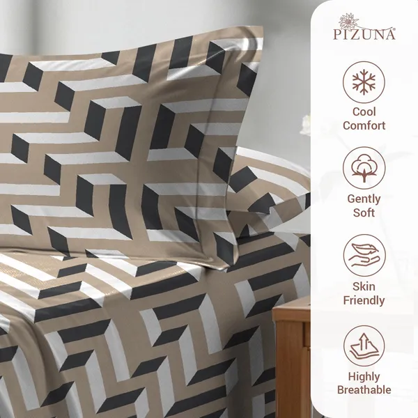 Pizuna_100%_Long_Staple_Cotton_Mosaic_Printed_Beige_Super_King_Flat_Bedsheet