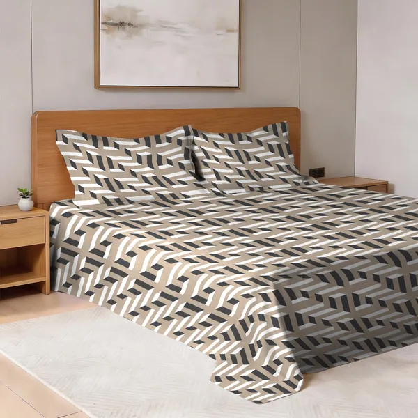 Pizuna_100%_Long_Staple_Cotton_Mosaic_Printed_Beige_Super_King_Flat_Bedsheet