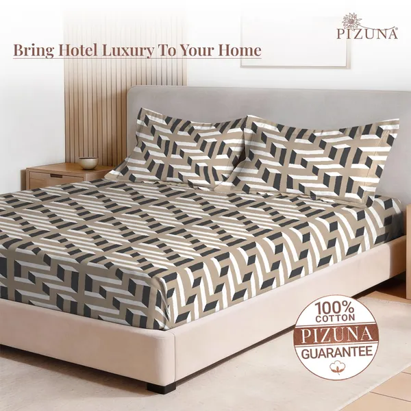 Pizuna_100%_Long_Staple_Cotton_Mosaic_Printed_Beige_Super_King_Flat_Bedsheet