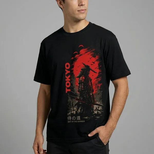 Black_Tokyo_Samurai_Warrior_Oversized_T-Shirt_With_Red_Graphic_Print_For_Men