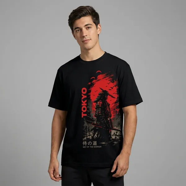 Black_Tokyo_Samurai_Warrior_Oversized_T-Shirt_With_Red_Graphic_Print_For_Men