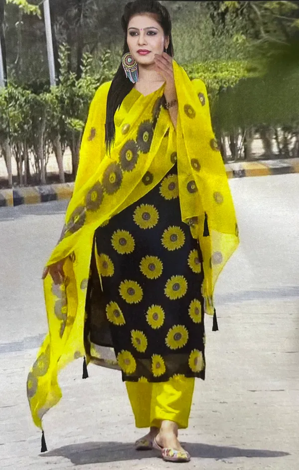 Yellow_And_Black_Cotton_Unstiched_Suit_Set_For_Women