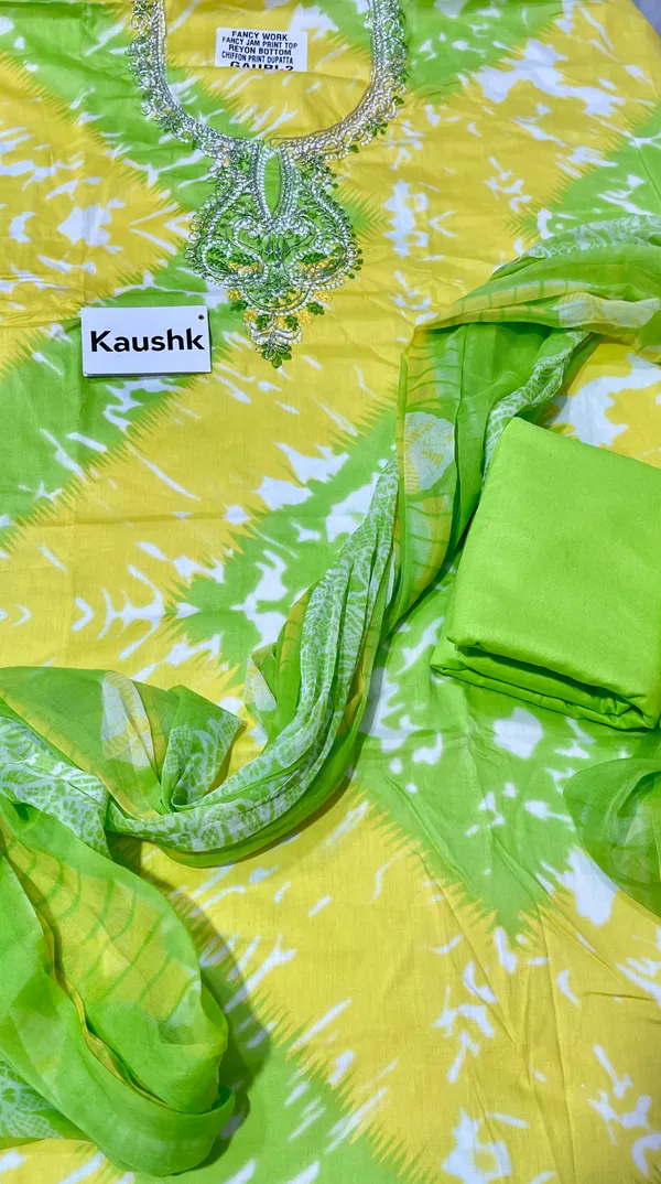 Yellow_And_Green_Cotton_Unstiched_Suit_Set_For_Women