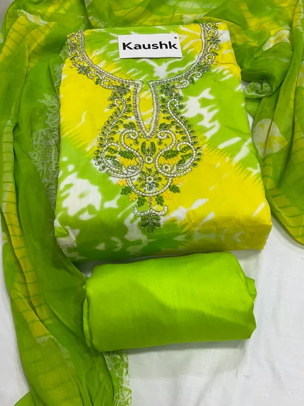 Yellow_And_Green_Cotton_Unstiched_Suit_Set_For_Women