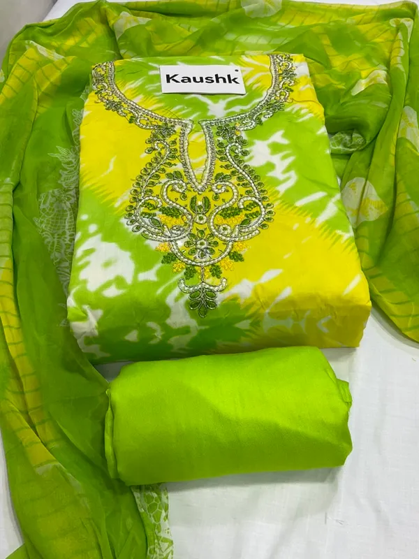 Yellow_And_Green_Cotton_Unstiched_Suit_Set_For_Women
