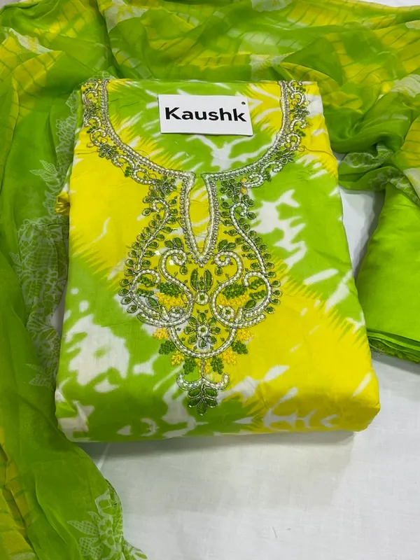 Yellow_And_Green_Cotton_Unstiched_Suit_Set_For_Women