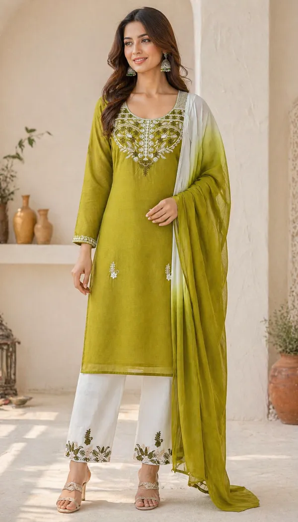 Green_And_White_Cotton_Unstiched_Suit_Set_For_Women