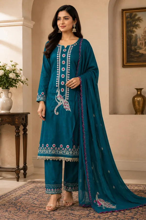 Teal_Cotton_Unstiched_Suit_Set_For_Women
