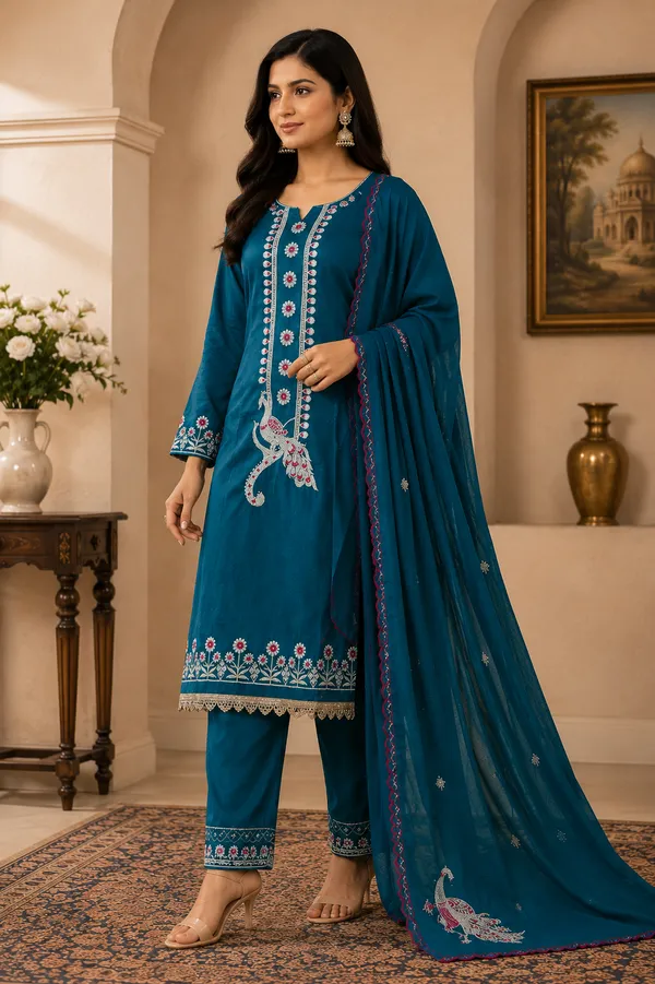 Teal_Cotton_Unstiched_Suit_Set_For_Women