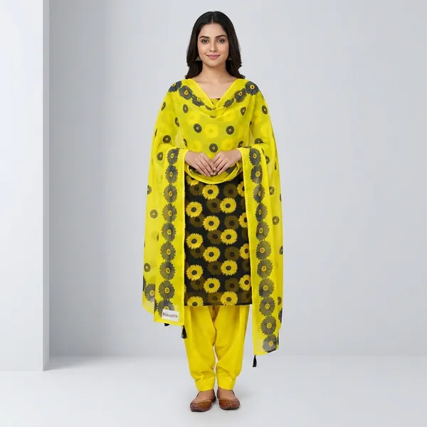 Yellow_And_Black_Cotton_Unstiched_Suit_Set_For_Women