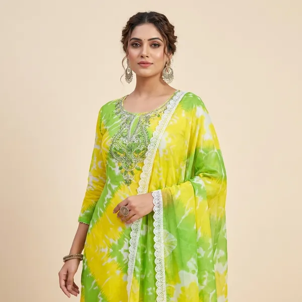 Yellow_And_Green_Cotton_Unstiched_Suit_Set_For_Women
