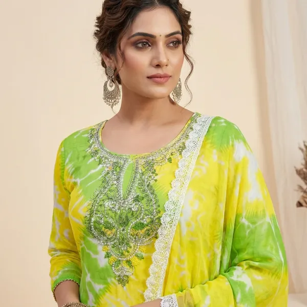 Yellow_And_Green_Cotton_Unstiched_Suit_Set_For_Women