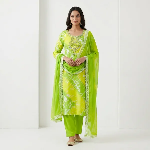 Yellow_And_Green_Cotton_Unstiched_Suit_Set_For_Women