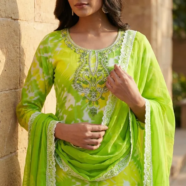 Yellow_And_Green_Cotton_Unstiched_Suit_Set_For_Women