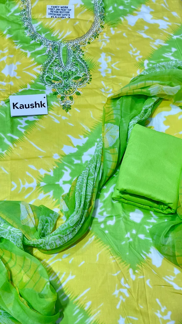 Yellow_And_Green_Cotton_Unstiched_Suit_Set_For_Women