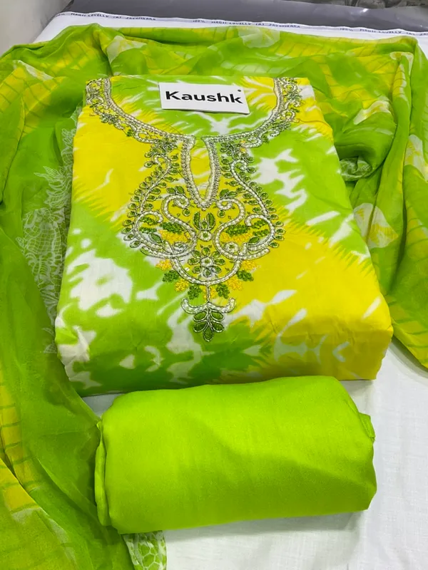 Yellow_And_Green_Cotton_Unstiched_Suit_Set_For_Women