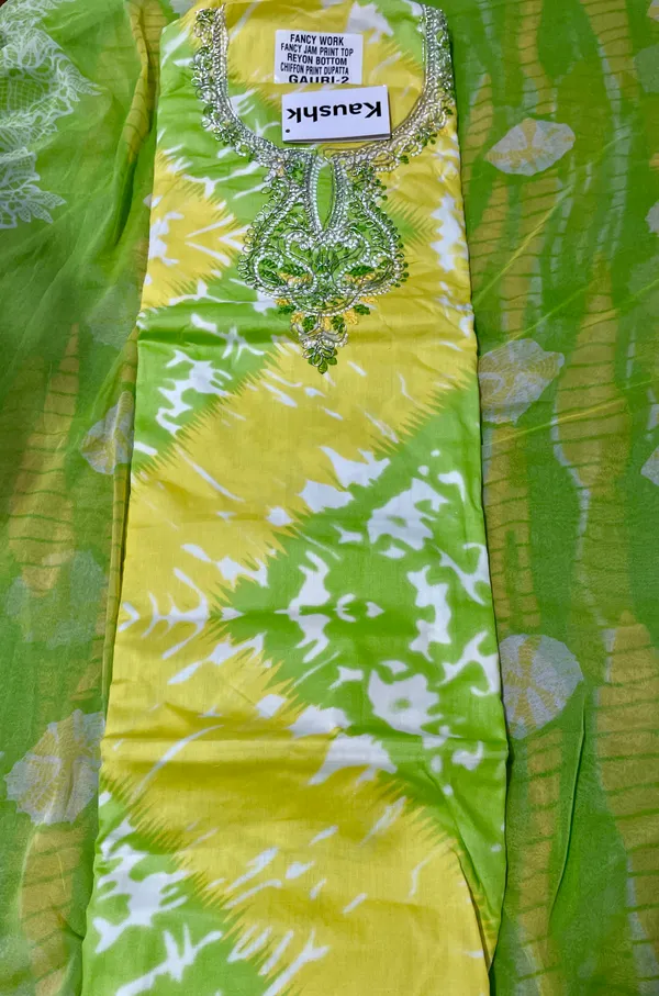 Yellow_And_Green_Cotton_Unstiched_Suit_Set_For_Women