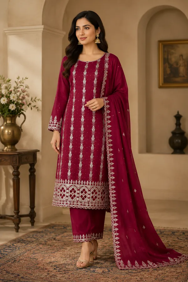 Red_Cotton_Unstiched_Suit_Set_For_Women