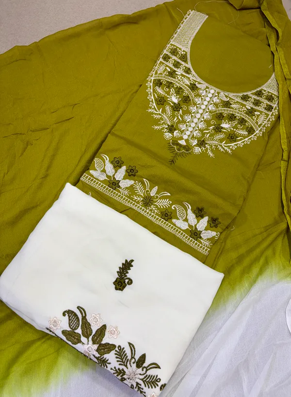 Green_And_White_Cotton_Unstiched_Suit_Set_For_Women