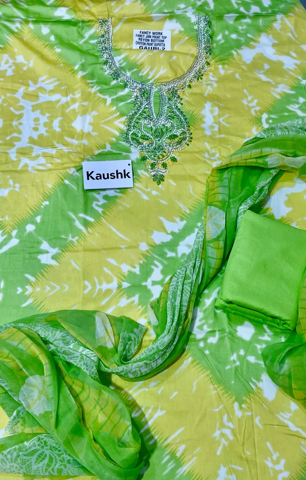 Yellow_And_Green_Cotton_Unstiched_Suit_Set_For_Women