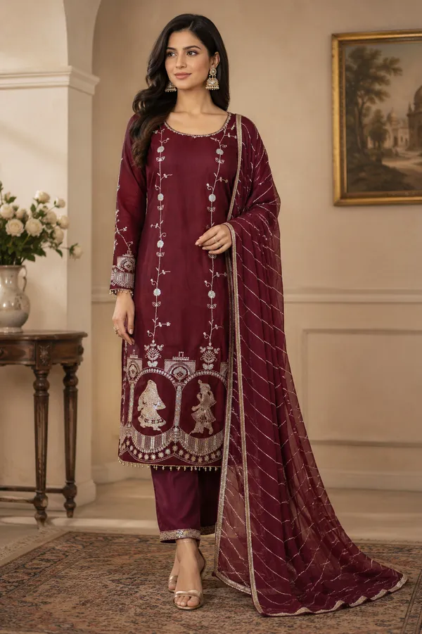 Red_Cotton_Unstiched_Suit_Set_For_Women