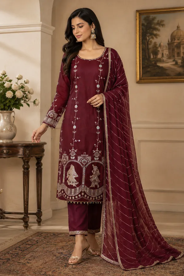 Red_Cotton_Unstiched_Suit_Set_For_Women