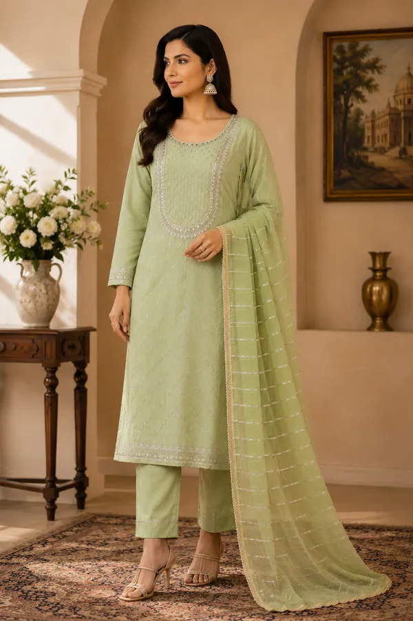Green_Cotton_Unstiched_Suit_Set_For_Women