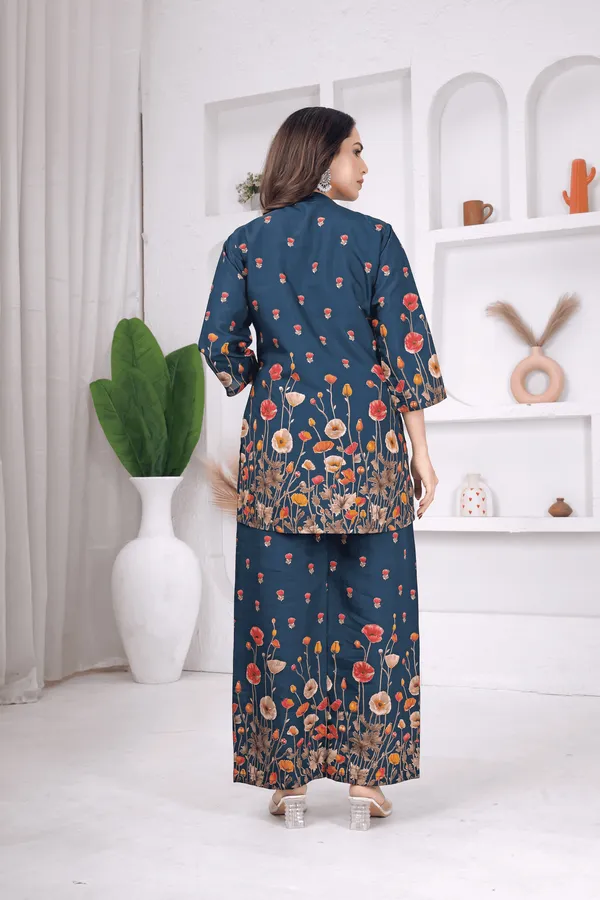 Kurvee_Apparel_Women_BLUE_Floral_Co-ord_Set_|_Stylish_3/4_Sleeve_Top_&_Palazzo_Set_|_Trendy_Ethnic_Wear
