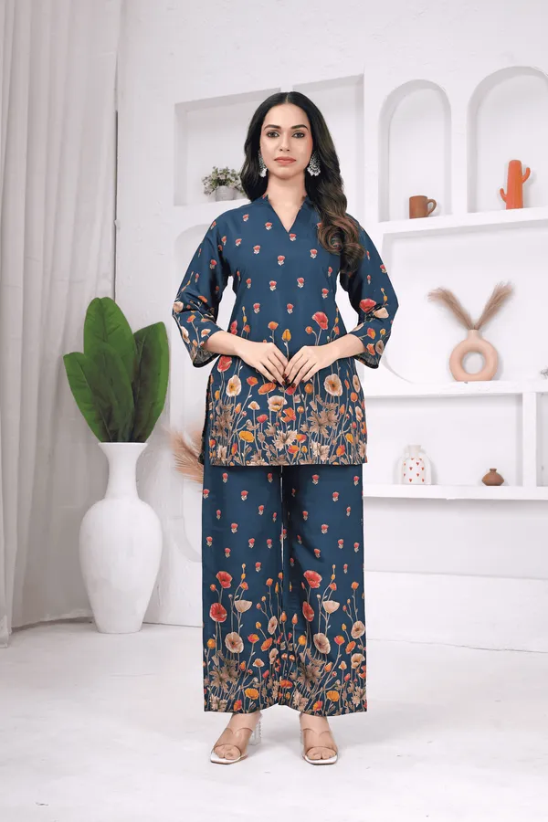 Kurvee_Apparel_Women_BLUE_Floral_Co-ord_Set_|_Stylish_3/4_Sleeve_Top_&_Palazzo_Set_|_Trendy_Ethnic_Wear