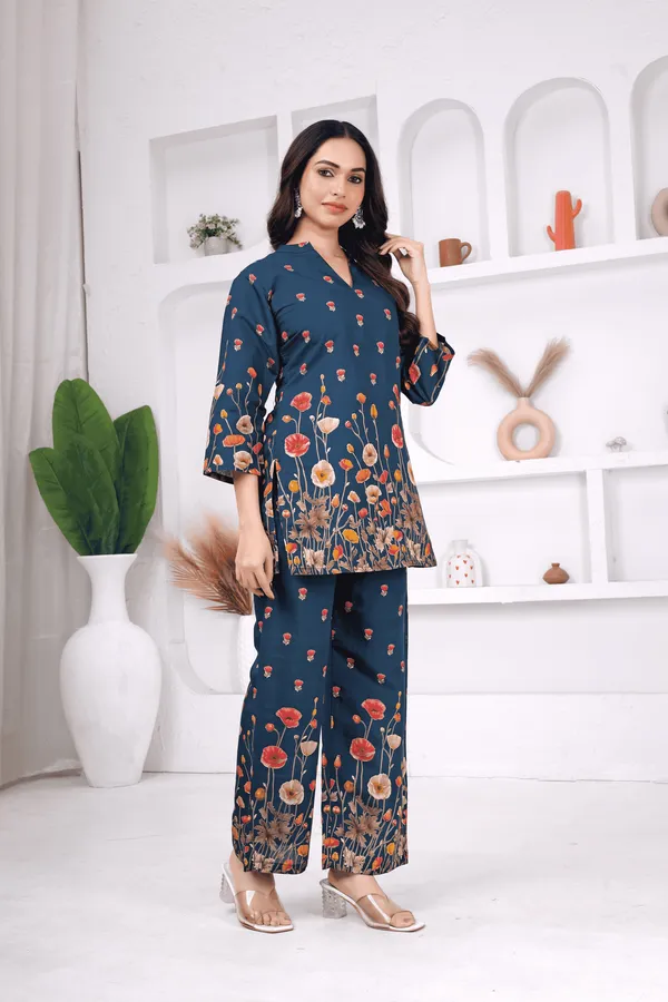 Kurvee_Apparel_Women_BLUE_Floral_Co-ord_Set_|_Stylish_3/4_Sleeve_Top_&_Palazzo_Set_|_Trendy_Ethnic_Wear