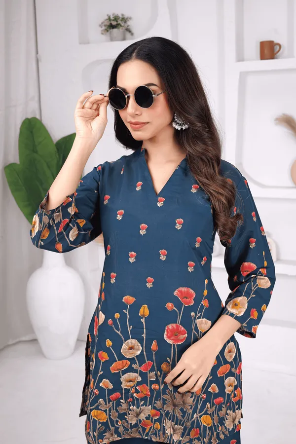 Kurvee_Apparel_Women_BLUE_Floral_Co-ord_Set_|_Stylish_3/4_Sleeve_Top_&_Palazzo_Set_|_Trendy_Ethnic_Wear